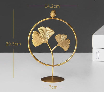 Metal Leaf Statue Ginkgo Biloba With Gold Bird