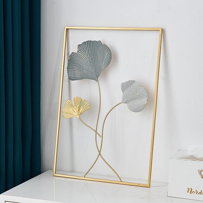 Ginkgo Leaf Metal Wall Art, Blue & Gold Leaf with Frame