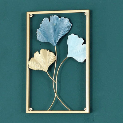 Ginkgo Leaf Metal Wall Art, Blue & Gold Leaf with Frame